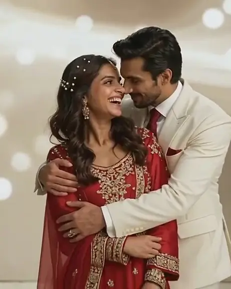 A smiling couple in red and white wedding attire embrace beneath warm lights