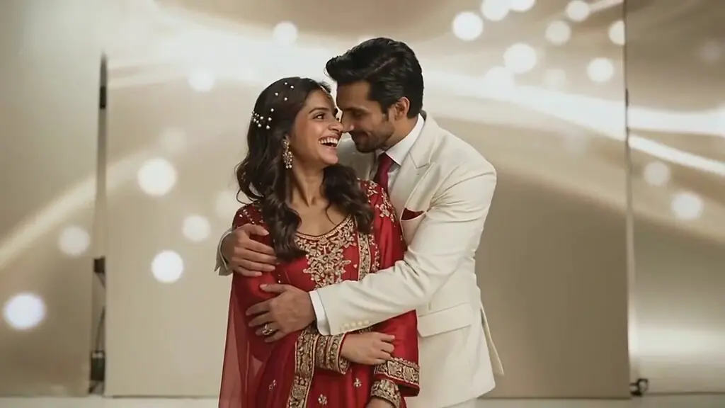A smiling couple in red and white wedding attire embrace beneath warm lights
