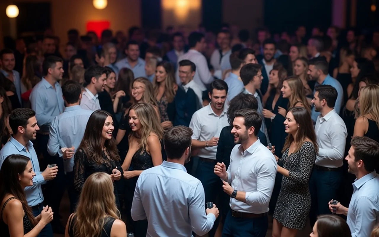 Guests dance together on a crowded reception floor