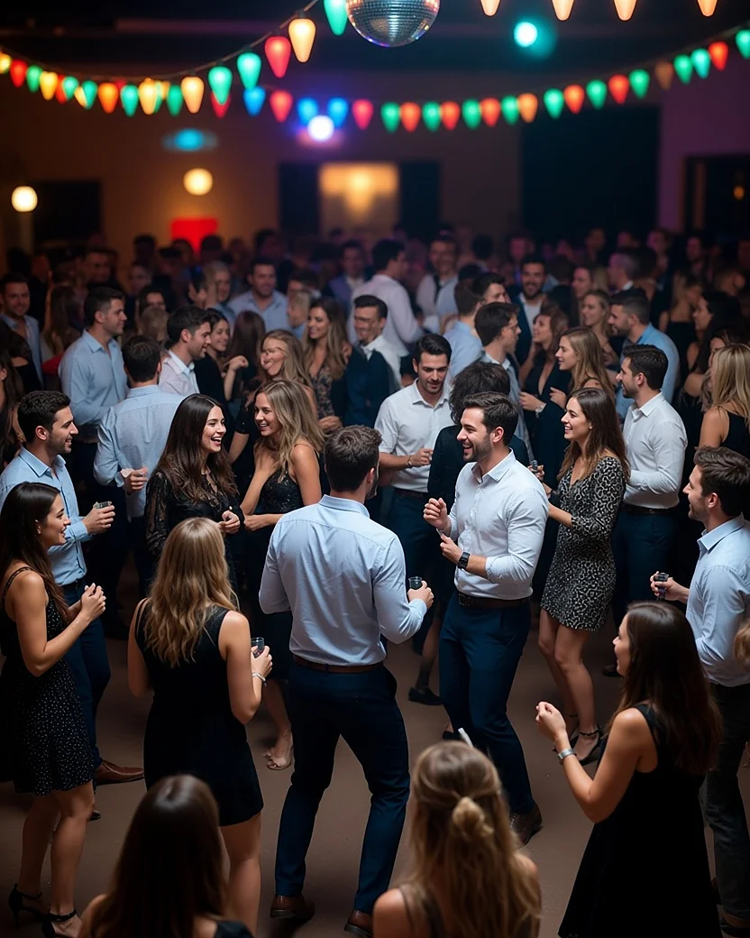 A crowd of guests dance and laugh together at a lively reception