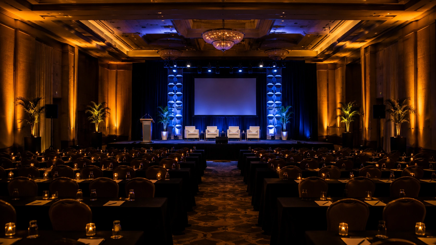 An empty conference ballroom with a lit stage, lectern and screen