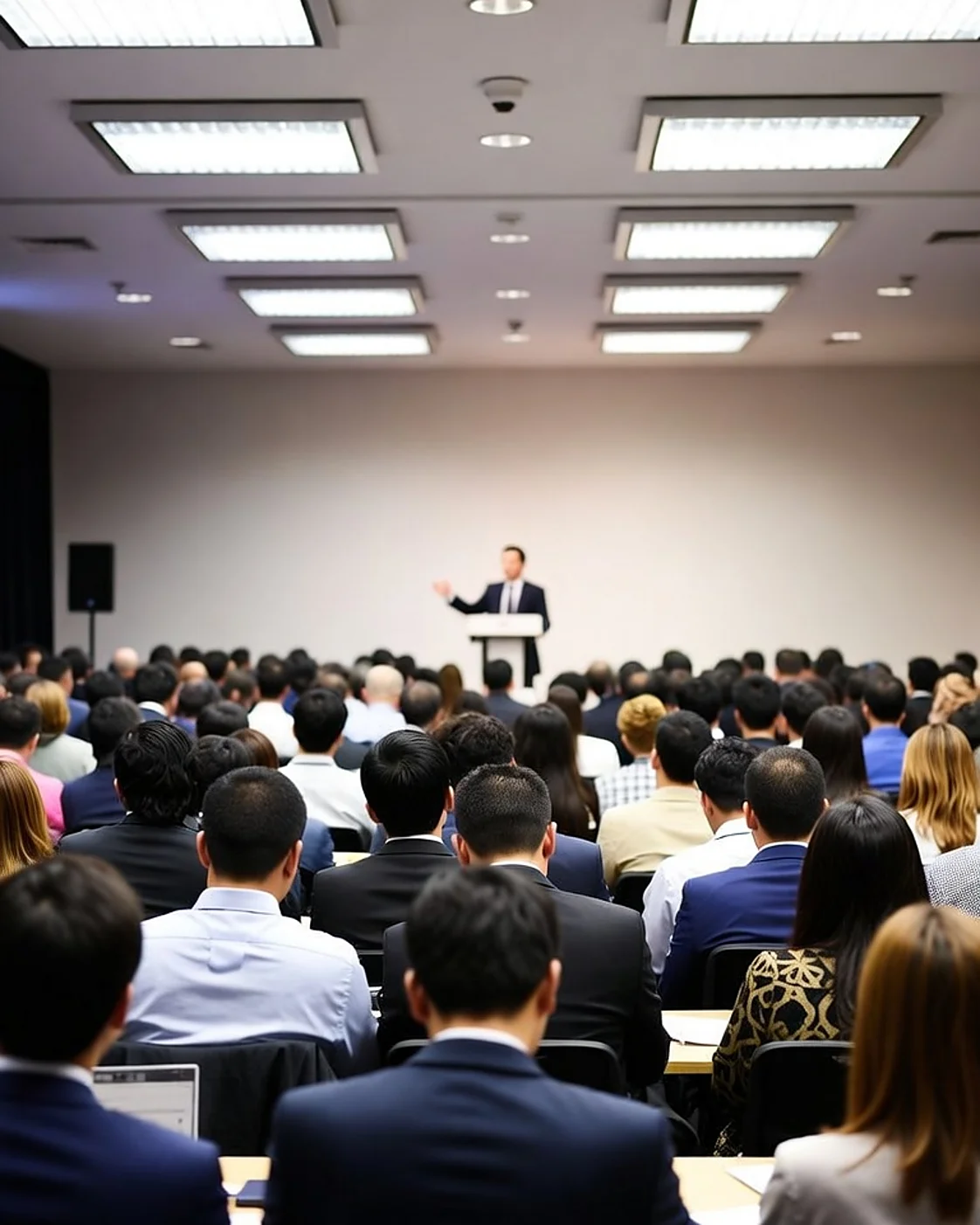 A speaker addresses a full seated audience from a lectern in a conference hall