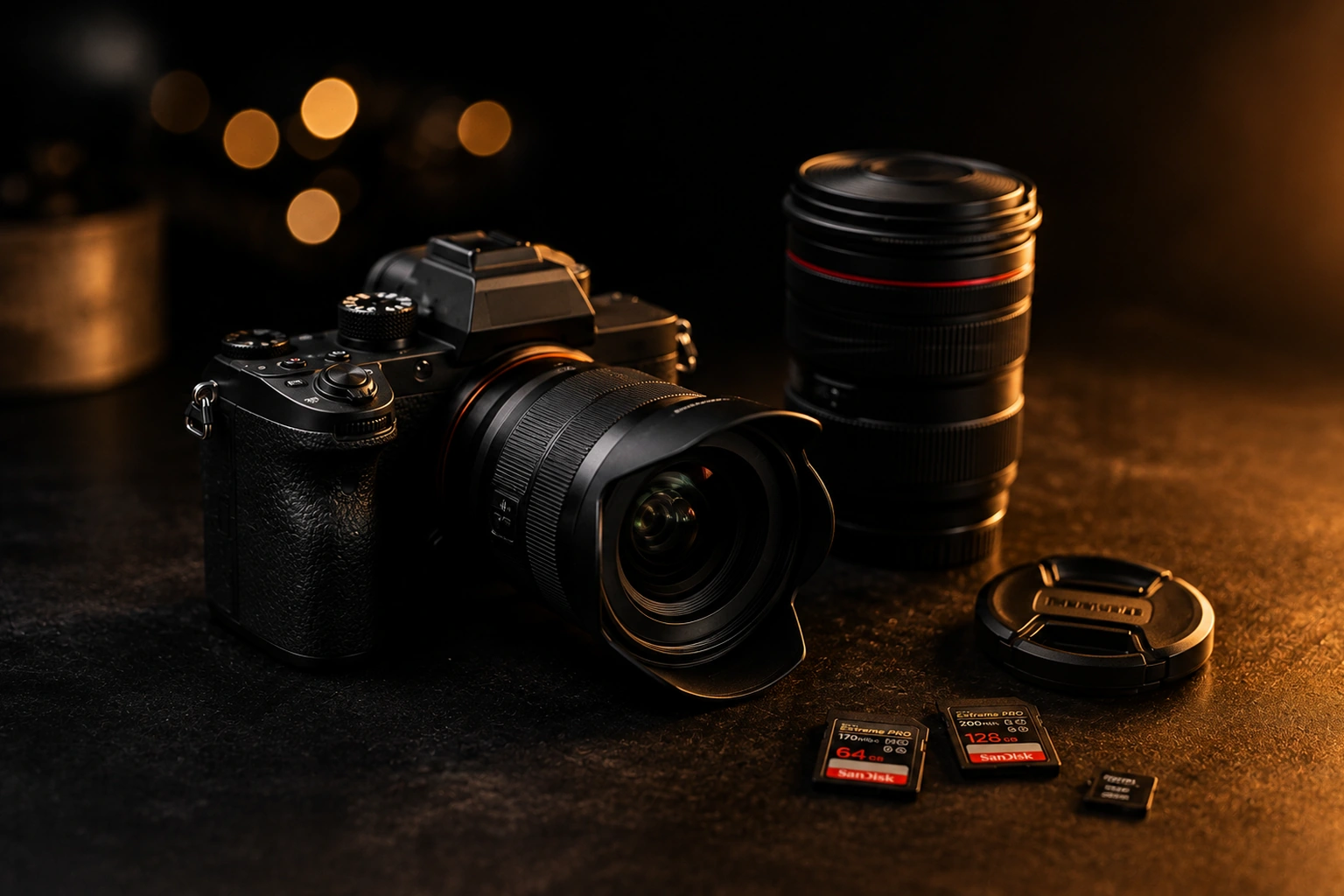 A camera body, spare lens and memory cards on a dark surface