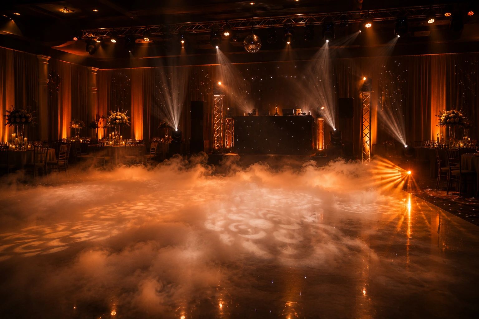 A dance floor filled with low haze cut by warm light beams