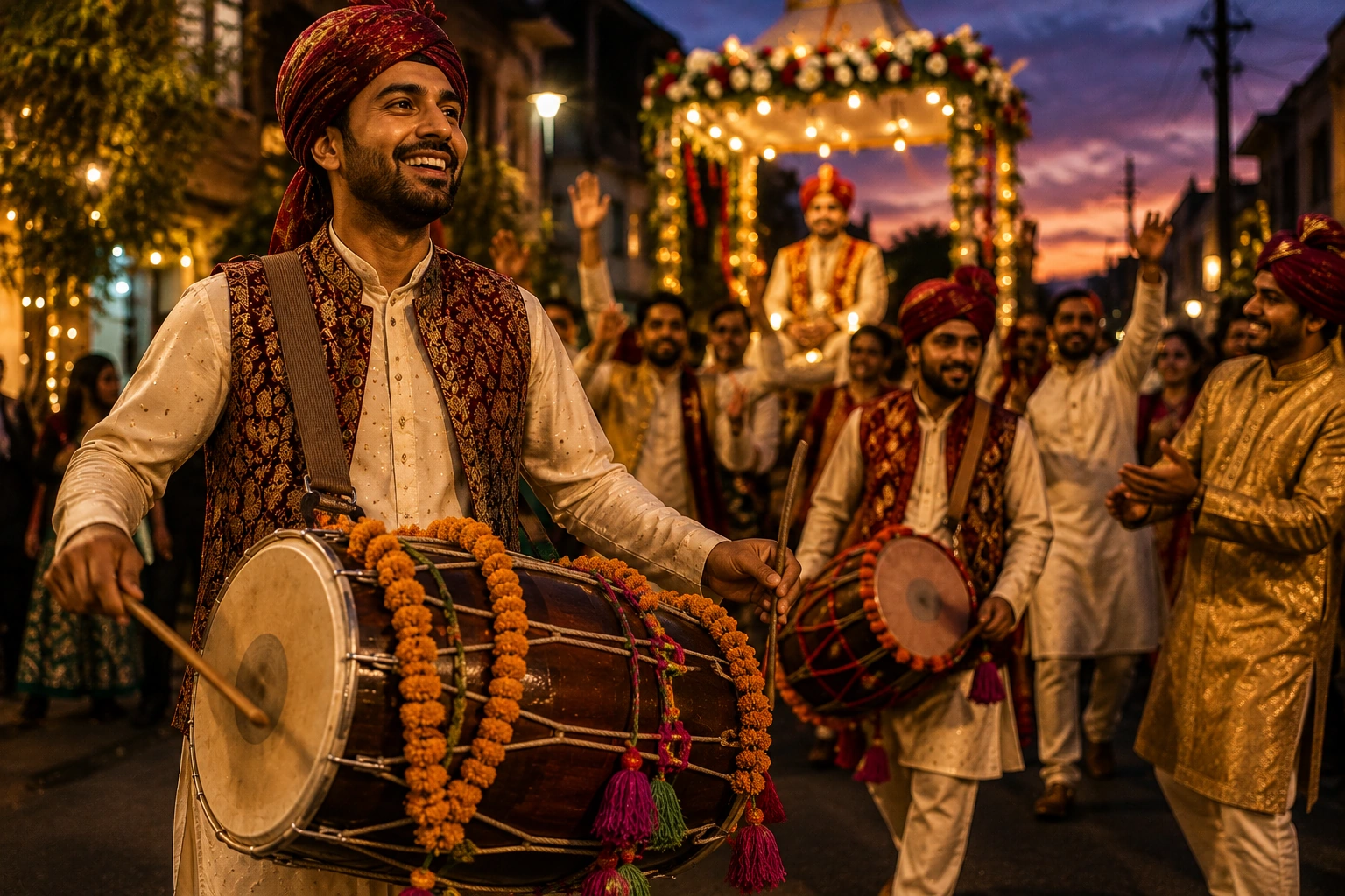 A dhol player leading a baraat procession at dusk