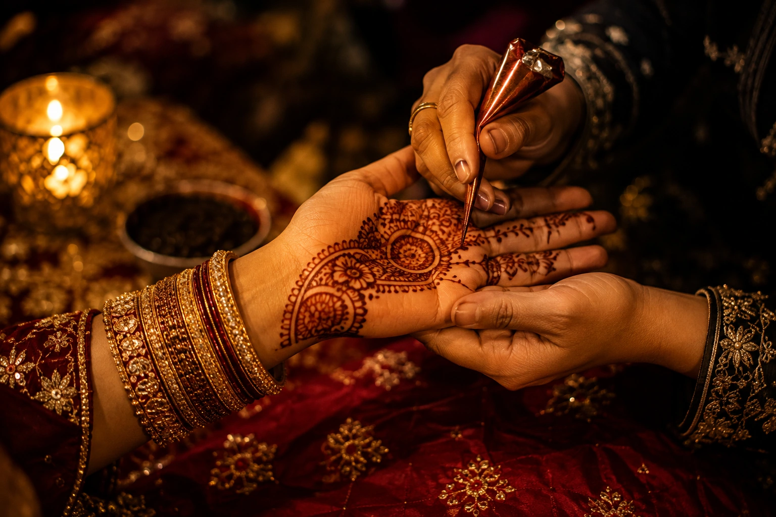 Henna being applied to a hand beside gold bangles in candlelight