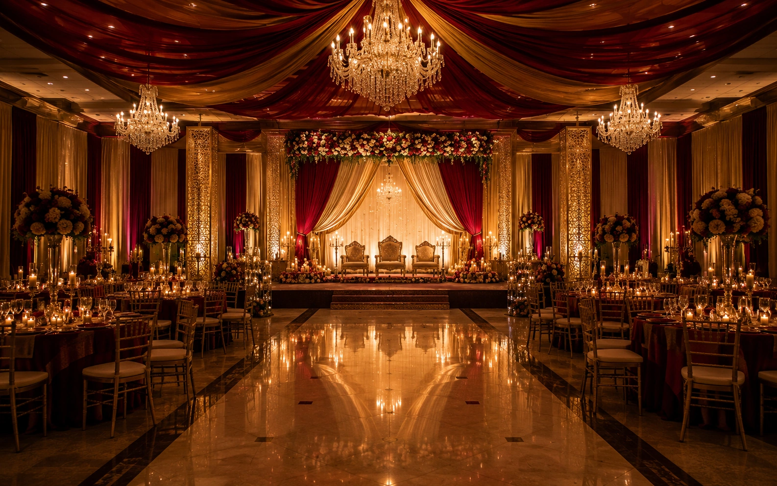 An opulent reception hall with a chandelier and candlelit tables
